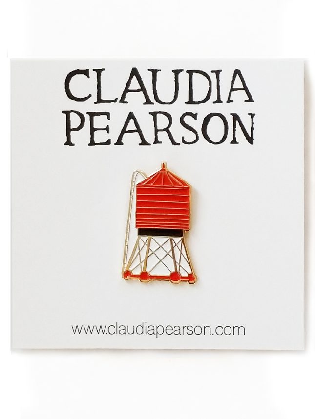 Red water tower pin on a white card with 'Claudia Pearson' branding.