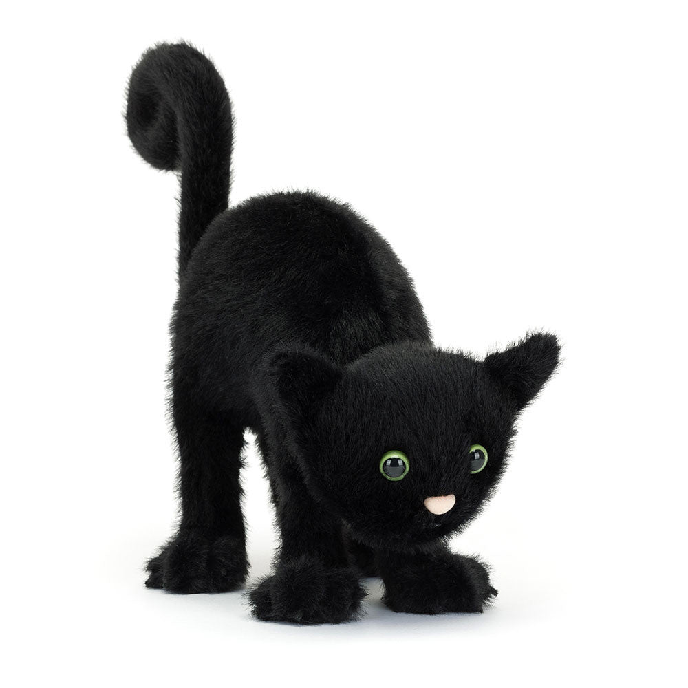 Plush black cat toy on a white background