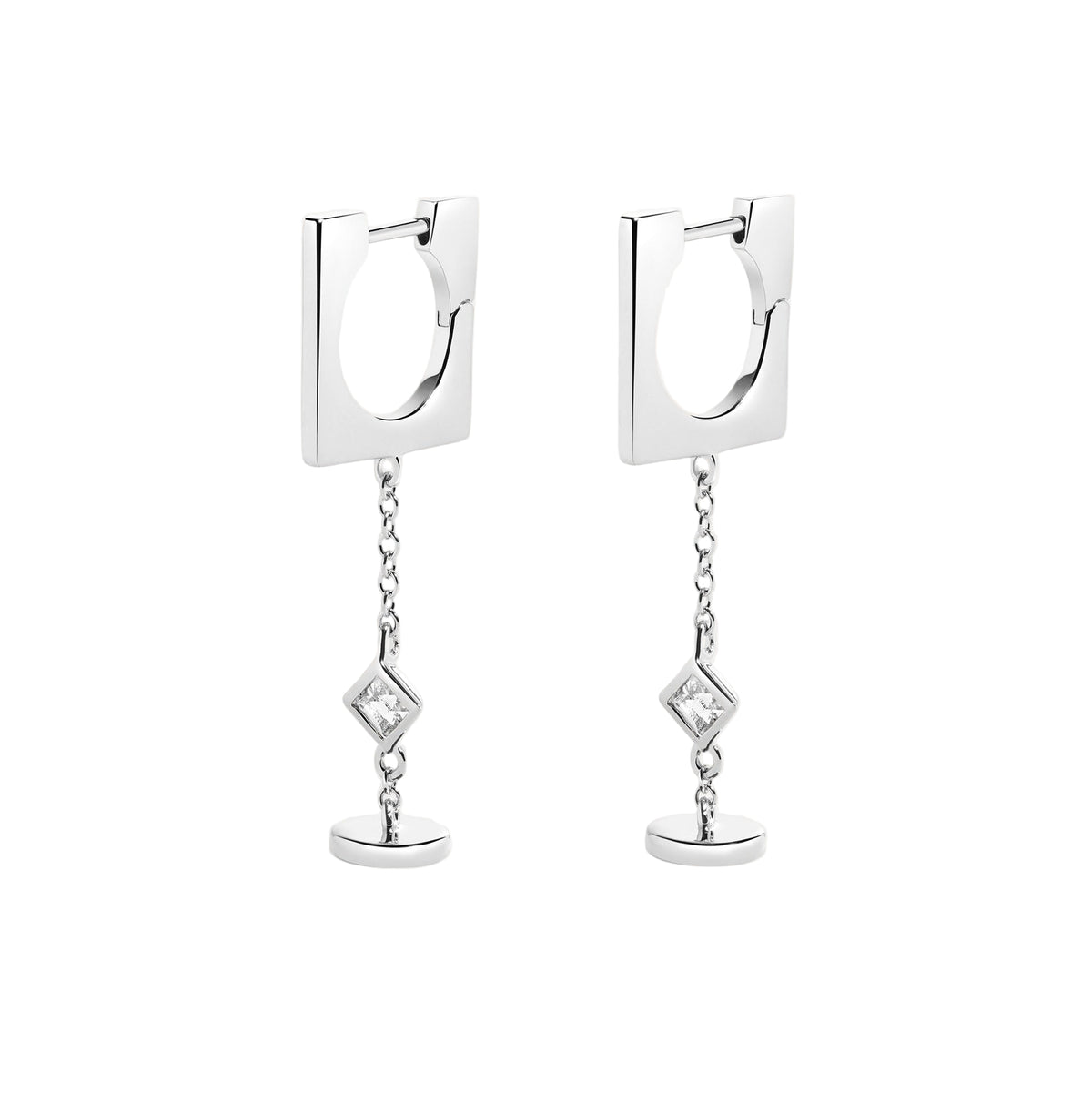 Pair of silver hoop earrings with diamond-like pendants on a white background