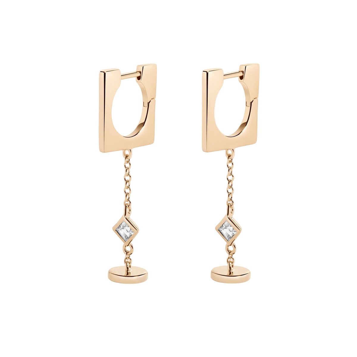 Gold hoop earrings with chain drops and gemstones on a white background