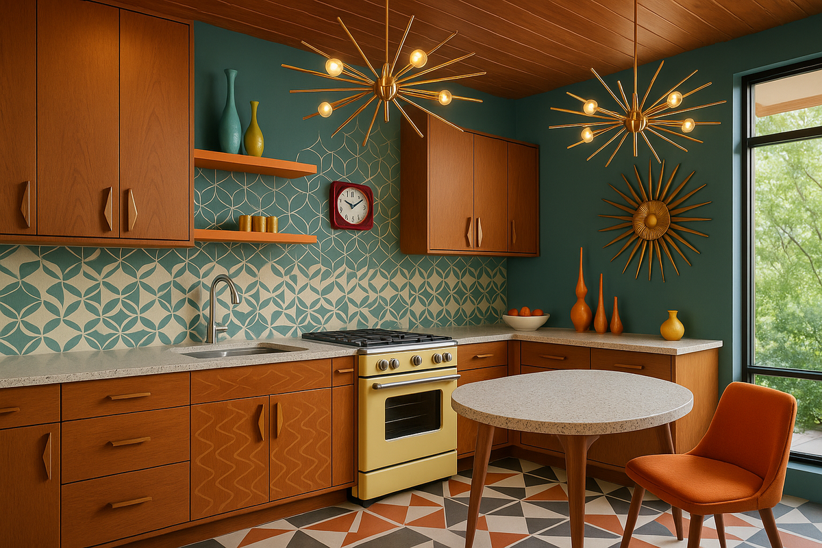 modern mid-century kitchen with red wall click and gold hanging lamps with a table and orange chair. 