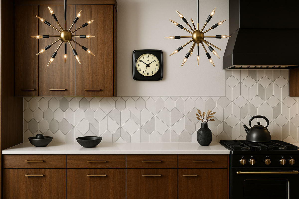 A luxurious upscale mid-century modern kitchen with only the wall color behind the black clock changed to light gray