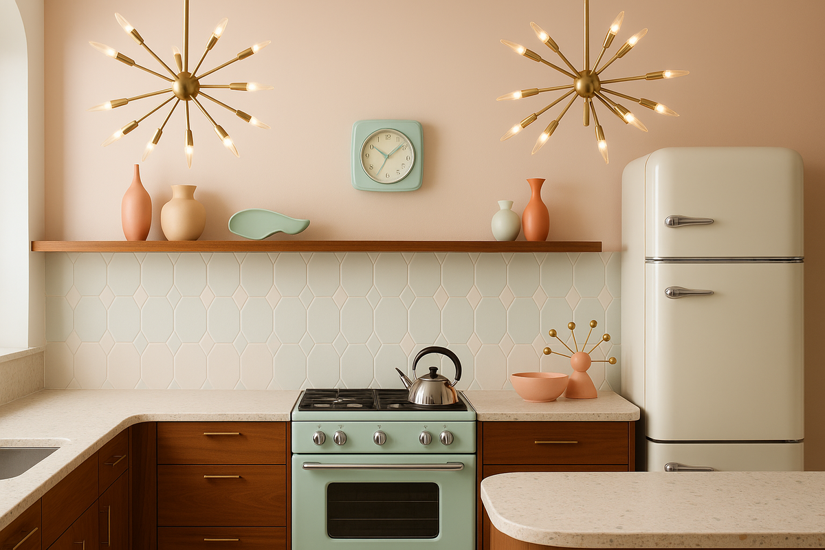 Modern kitchen with teal oven, white refrigerator, and decorative elements.