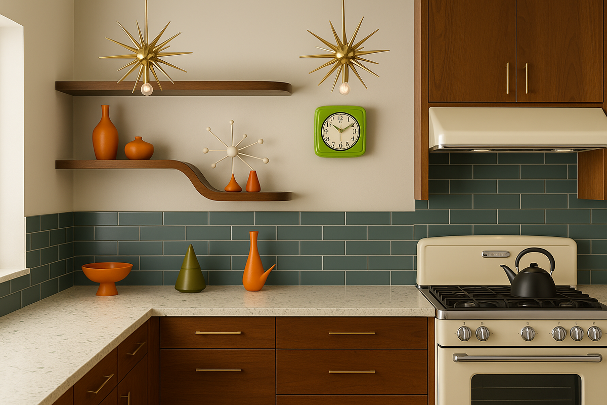 a mid-century modern kitchen with blue backspace, sputnick lights, and a lime green clock