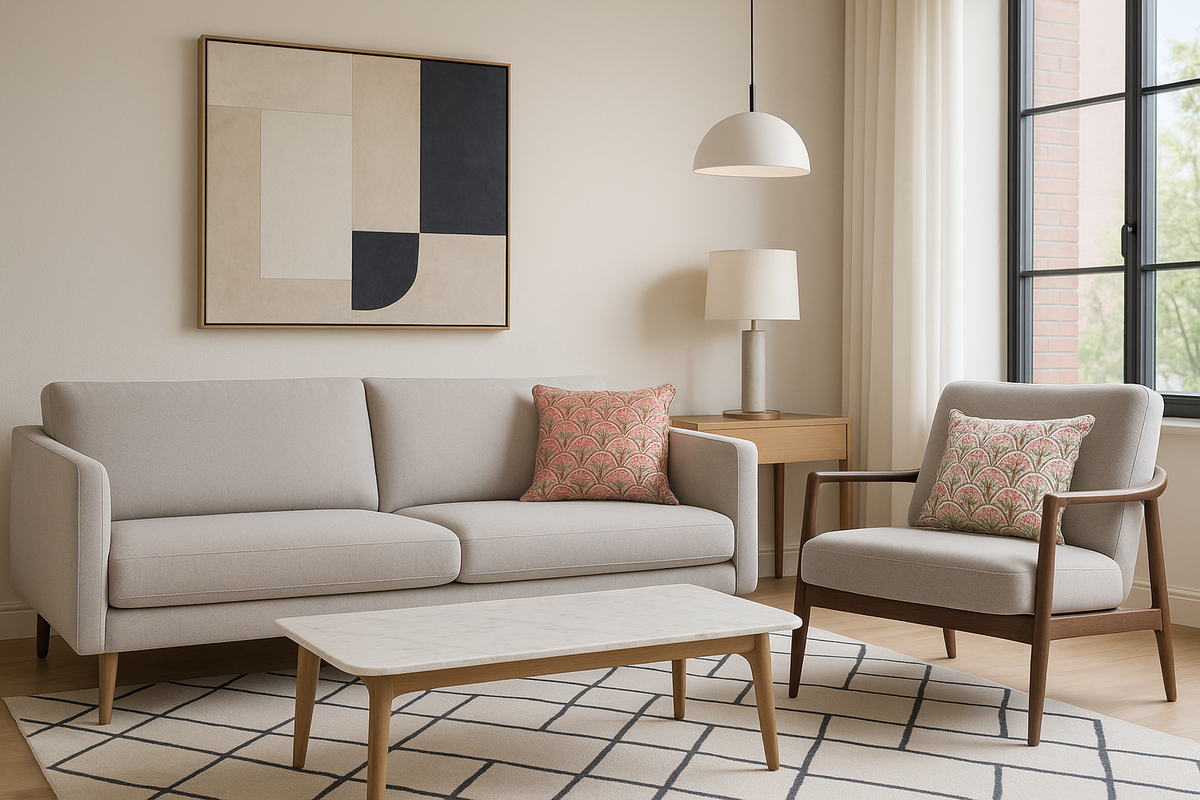 A modern European-designed living room featuring both decorative pillows with contemporary styling