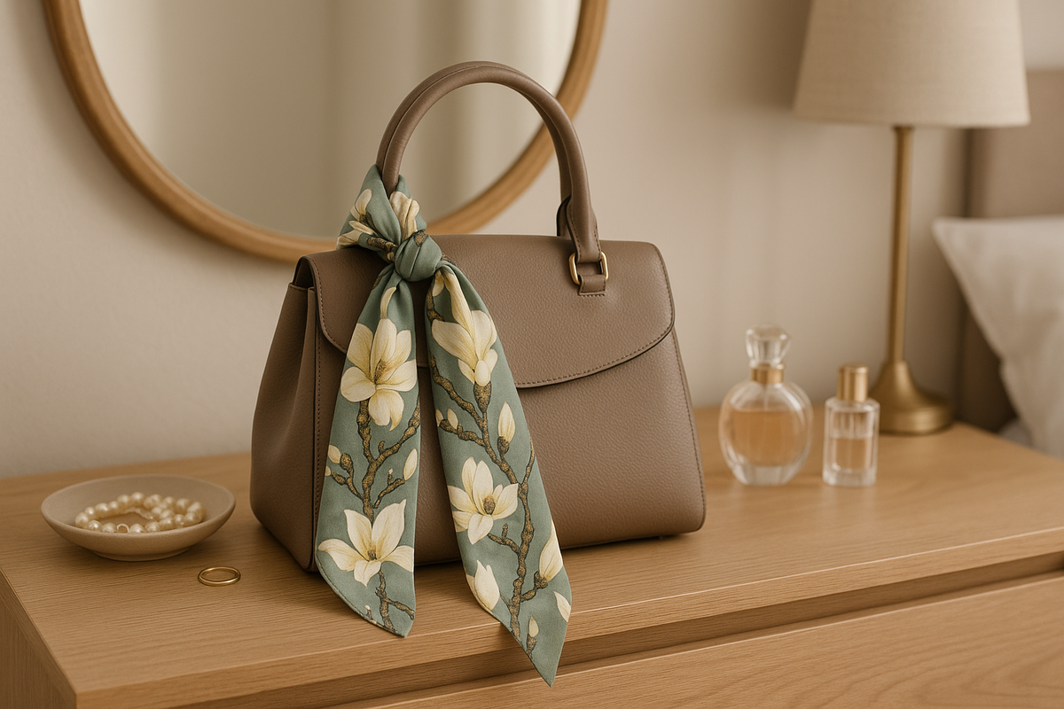 A stylish bedroom dresser with a handbag featuring the floral scarf with accurate pattern wrapped around its handle