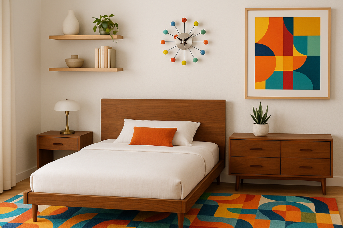 A stylish modern mid-century bedroom with the colorful ball clock properly scaled above the dresser, colorful print, and vibrant rug