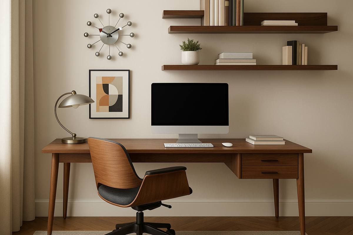 A stylish modern mid-century home office with the ball clock properly scaled to 15 inches on the wall