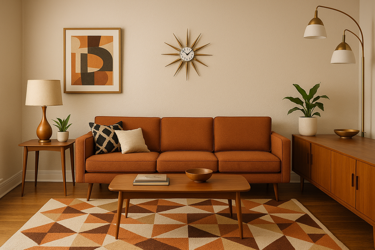 A stylish modern mid-century living room with the brass starburst clock properly scaled to 24 inches wide