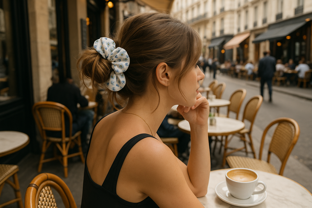 A stylish woman wearing the delicate blue floral scrunchie at an outdoor city cafe