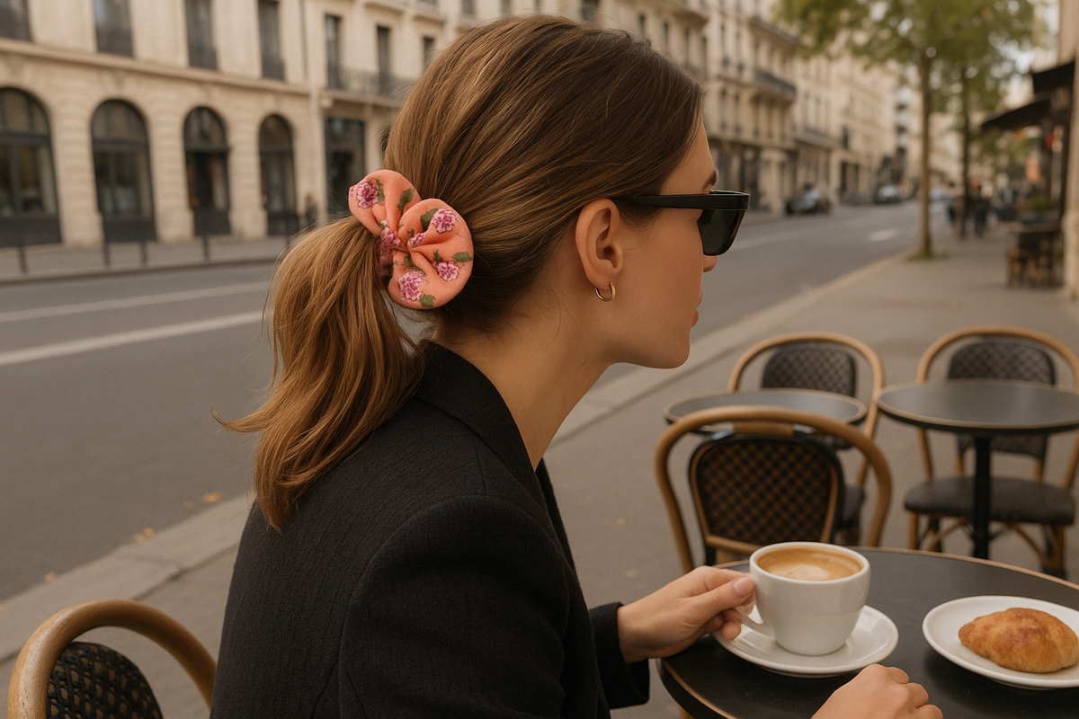 A stylish woman with her hair pulled back in a ponytail secured with the coral pink floral scrunchie at an outdoor city cafe