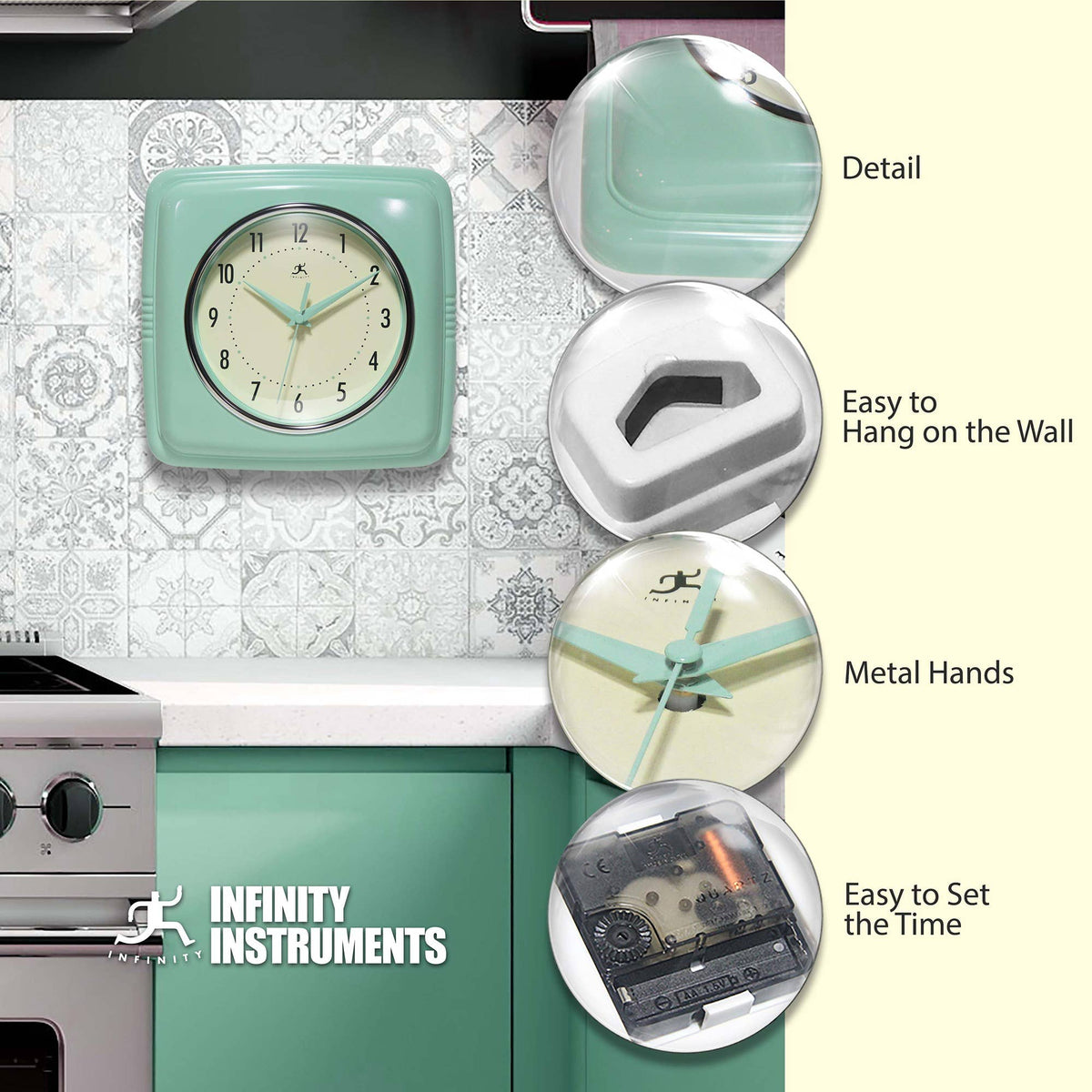Retro Square Pastel Green Indoor Wall Clock 9.25 Inch