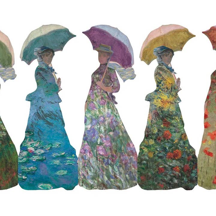 Artistic depiction of women holding umbrellas with colorful dresses and hats on a white background
