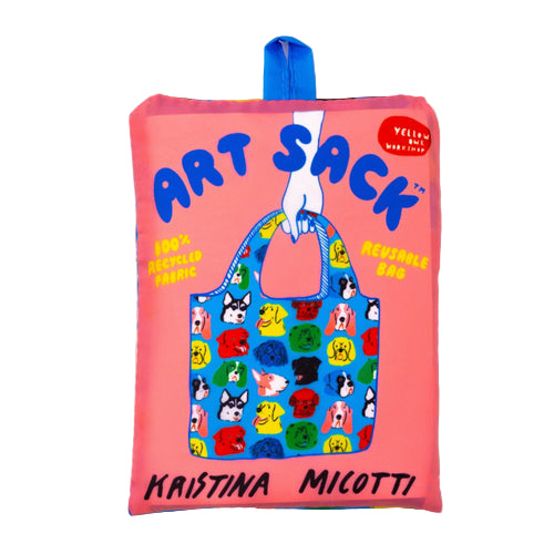 Reusable bag with colorful dog patterns and &#39;Art Sack&#39; branding on a pink background