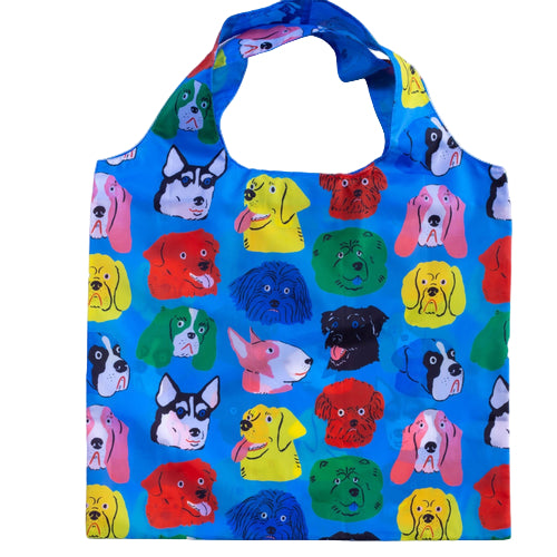 Reusable shopping bag with colorful dog pattern on a white background