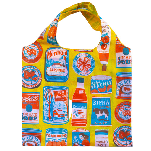 Reusable shopping bag with vintage food can label design on a white background