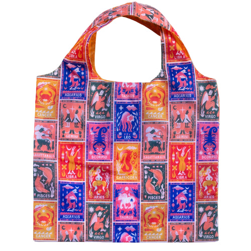 Tote bag with zodiac sign designs on a white background