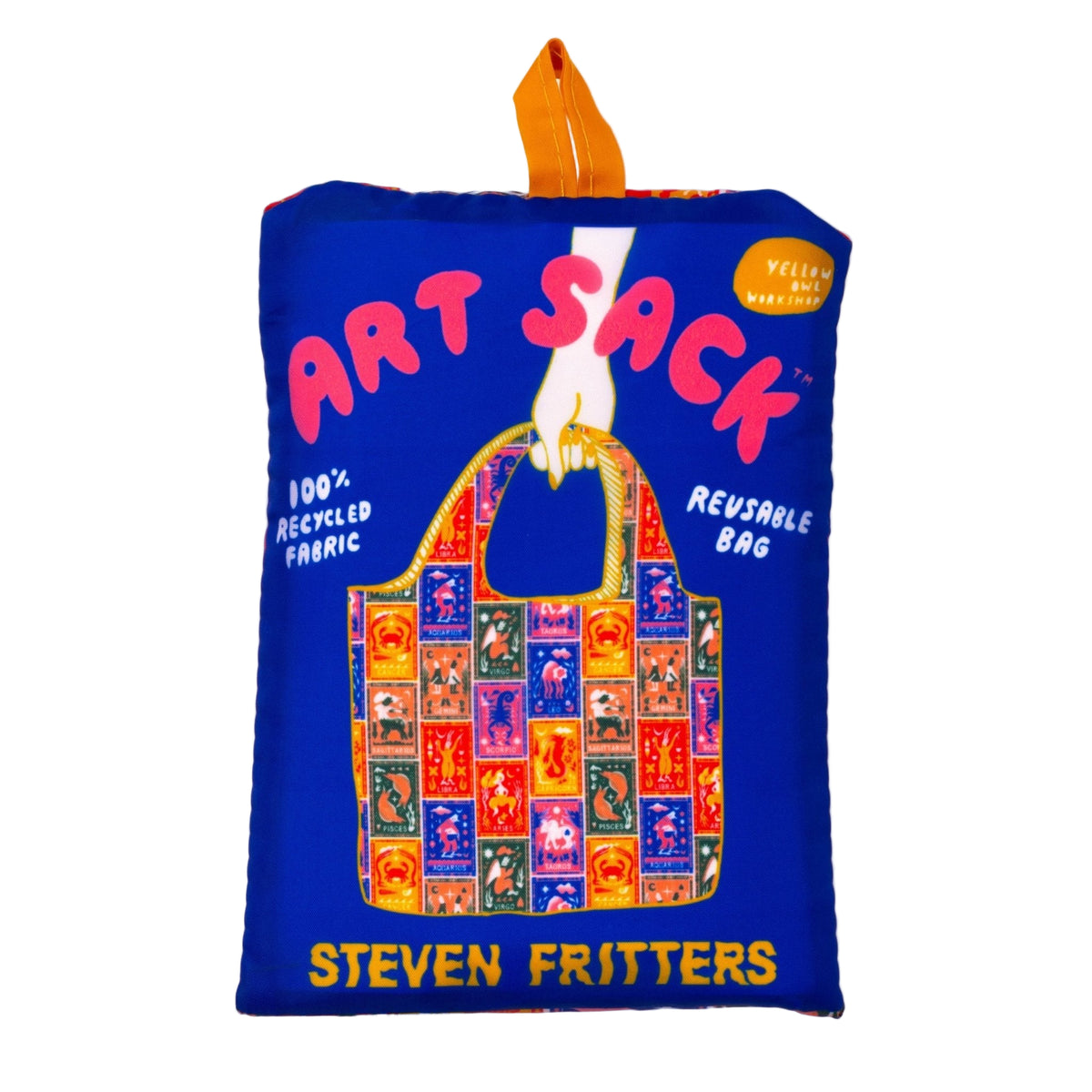 Blue reusable bag with colorful design and text on a white background