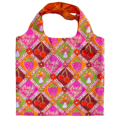 Colorful tote bag with pattern and text on a white background