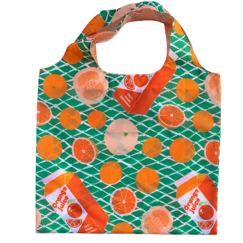 Reusable tote bag with orange juice design on a green lattice background