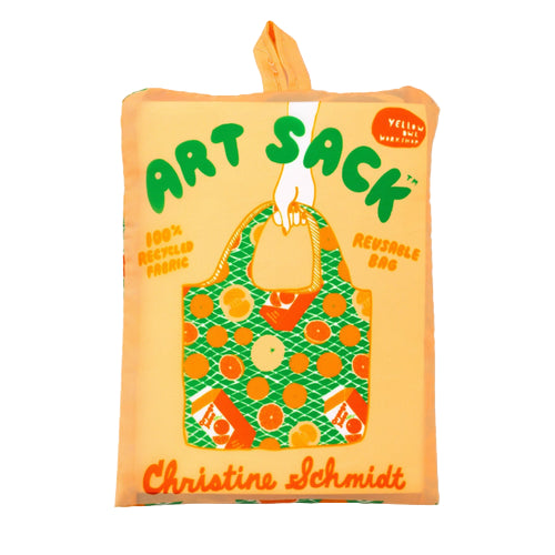 Reusable bag with green pattern and text on a white background