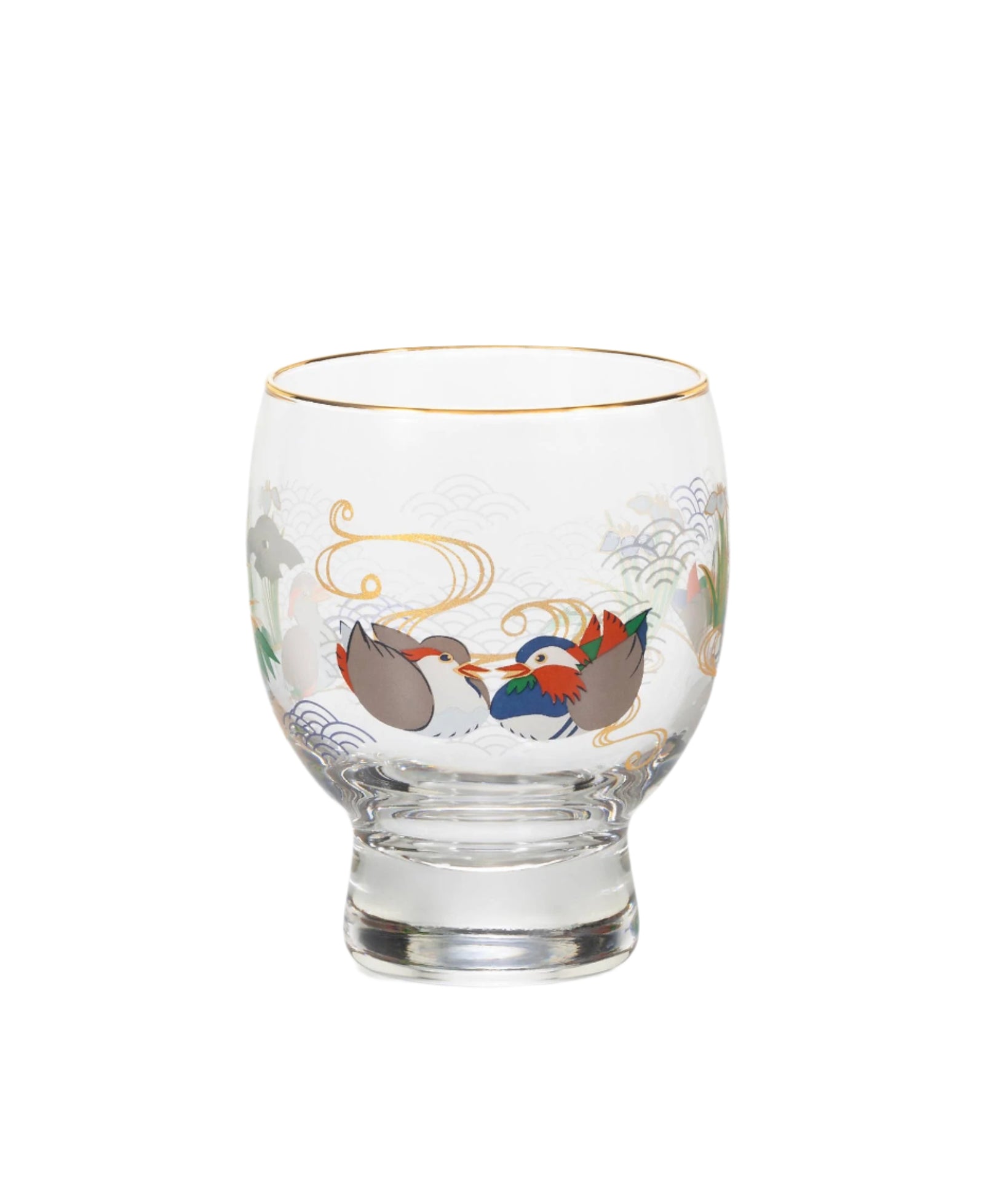 Decorative glass with bird illustrations on a white background
