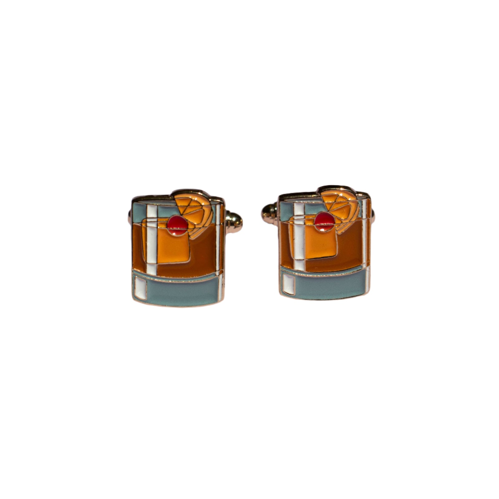 Cufflinks with cocktail design on a light gray background