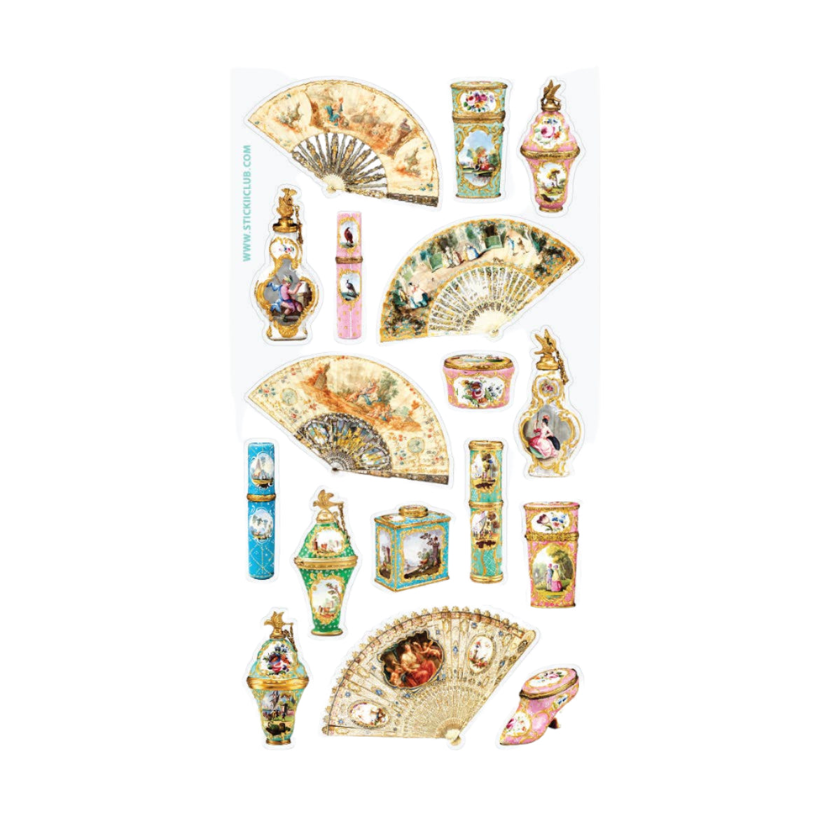 Sheet of decorative stickers featuring fans and vases on a white background