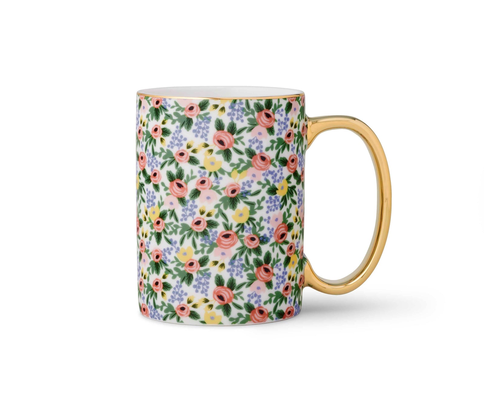 Floral-patterned  with roses mug with gold rim and gold handle on a white background