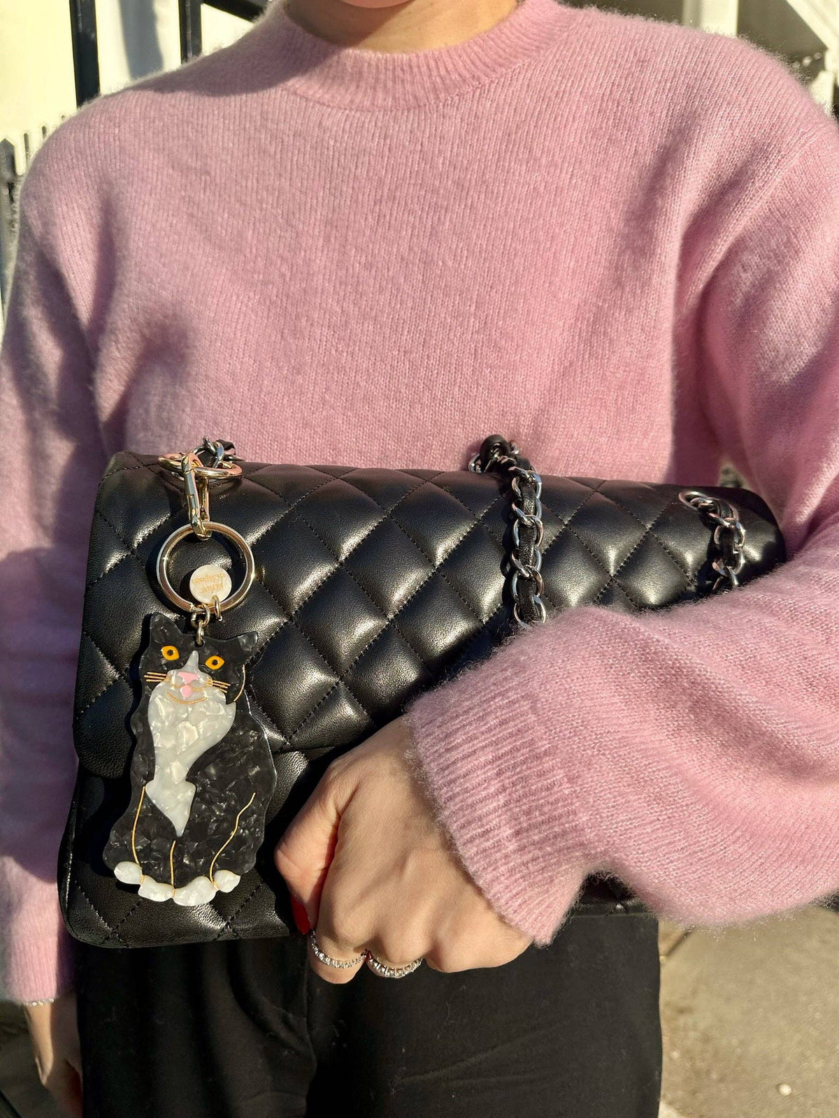 Hand-painted Tuxedo Cat Bag Charm + Keychain | Eco-Friendly