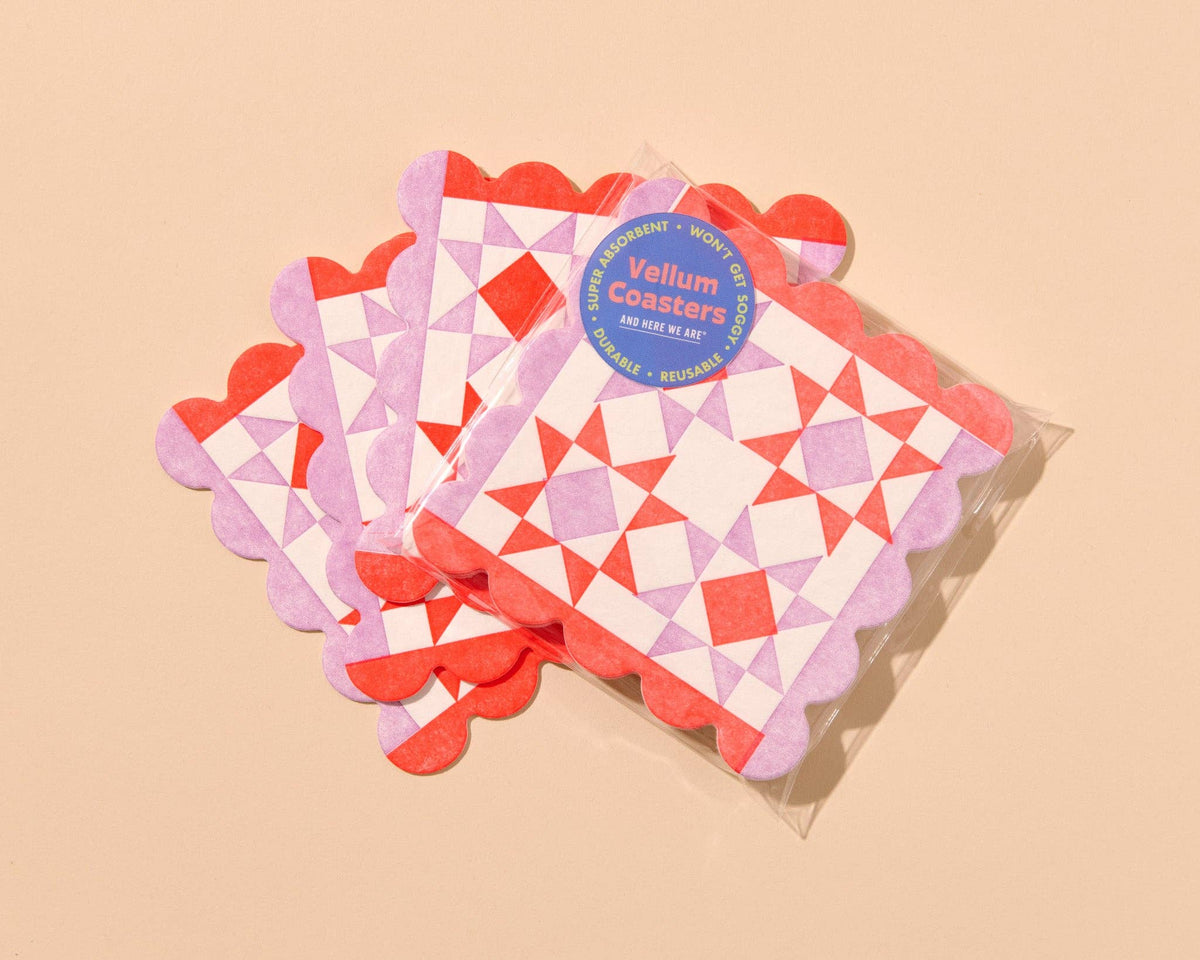 Mod Quilt Scalloped Letterpress Vellum Coasters - Red/Lilac (Set of 4)