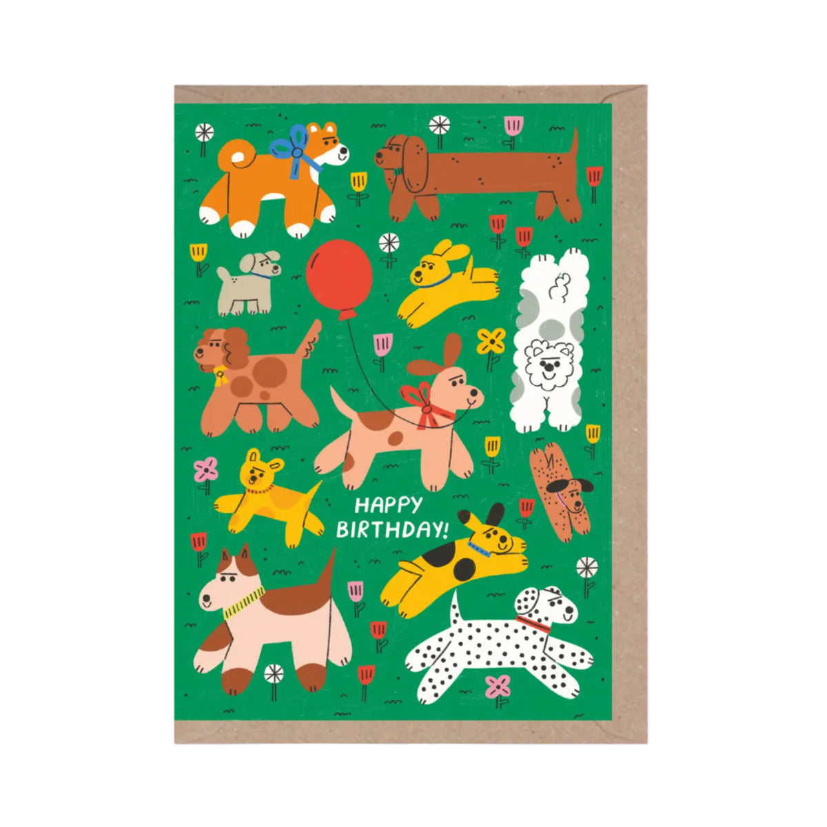 Illustration of dogs on a green background with &#39;Happy Birthday!&#39; text, framed with a gold border.