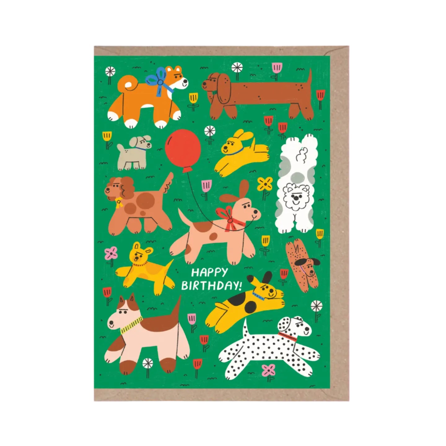 Illustration of dogs on a green background with 'Happy Birthday!' text, framed with a gold border.