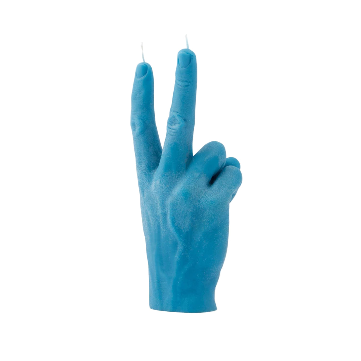 Blue candle shaped like a hand making a peace sign on a white background