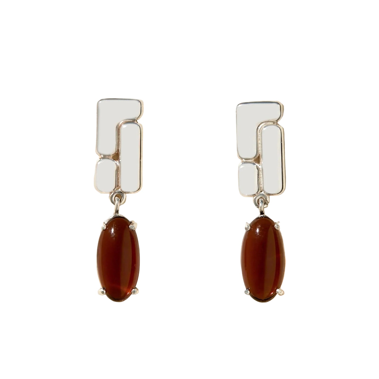 Pair of earrings with silver geometric drops and brown oval stones on a white background