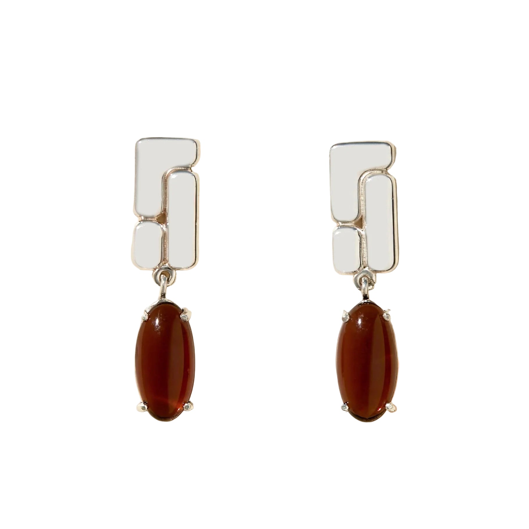 Pair of earrings with silver geometric drops and brown oval stones on a white background