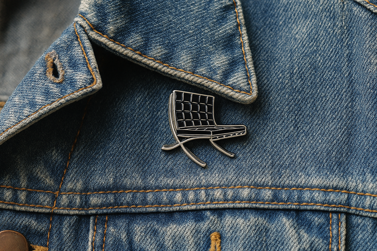 Black chair pin on denim jacket