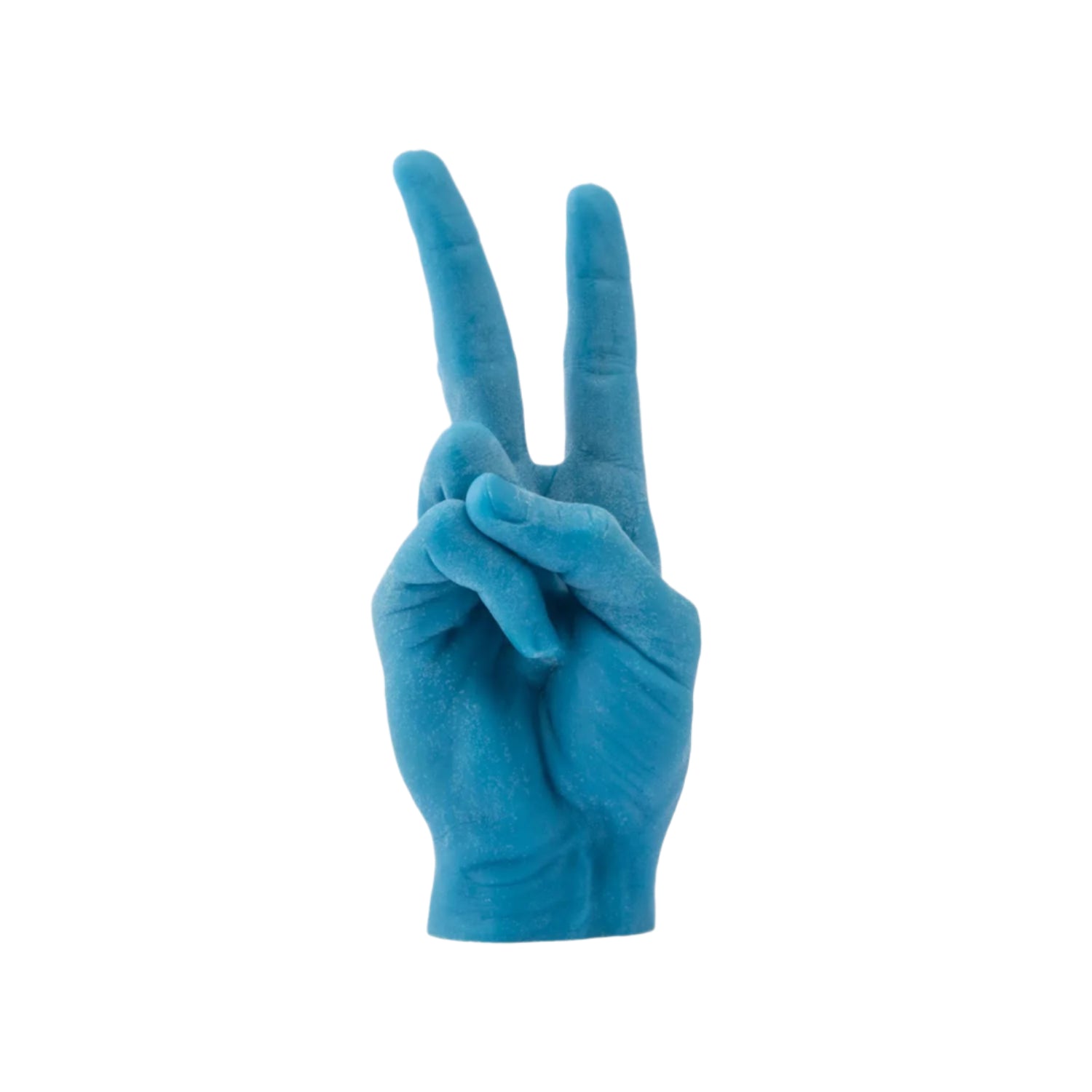 Blue hand candle making a peace sign on a white background