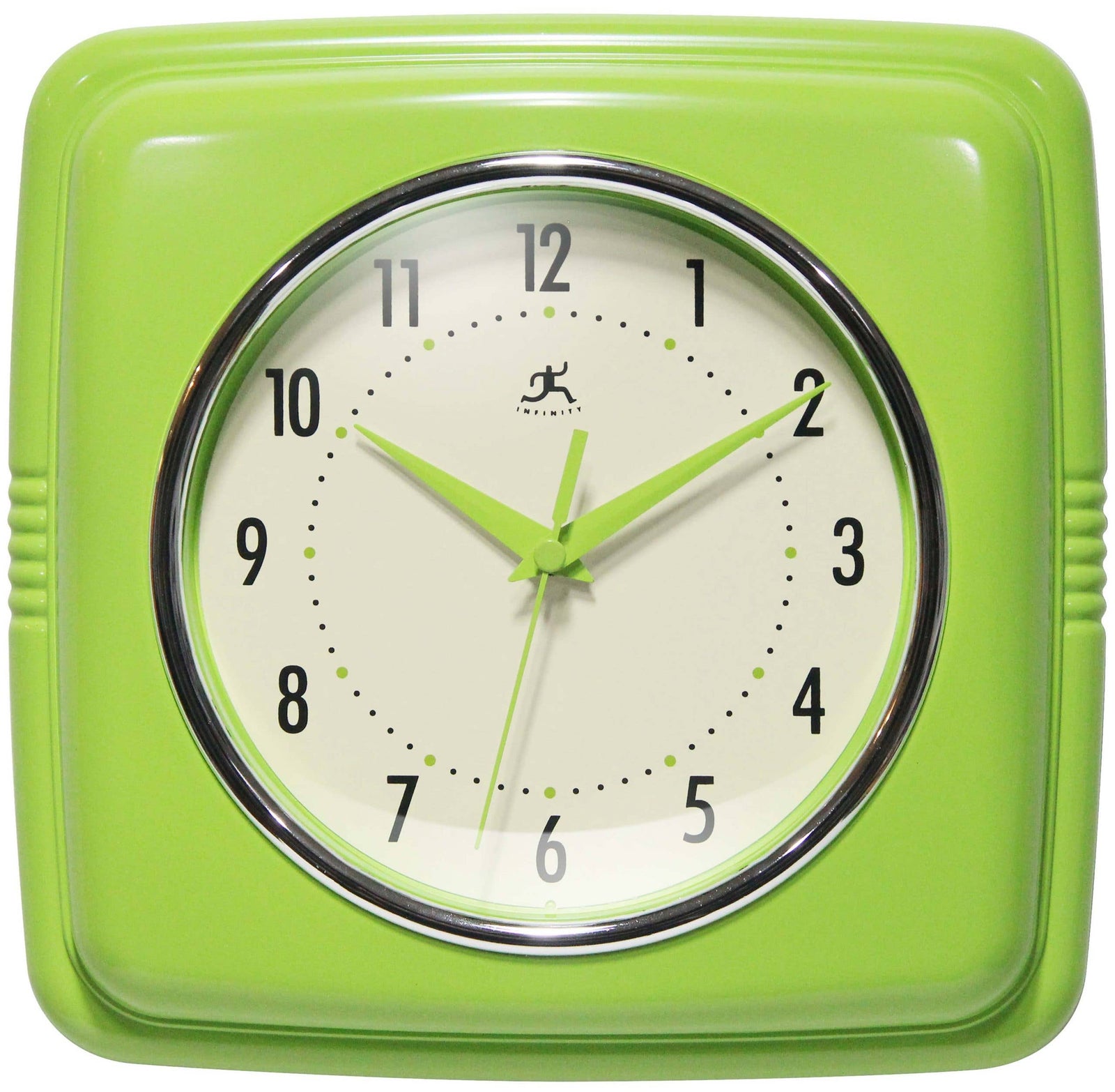 Green square wall clock with a white face and black numbers