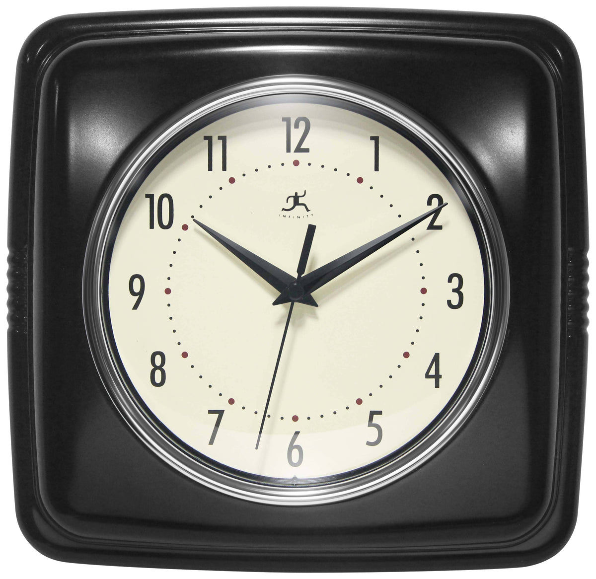 Black-framed wall clock with a white face and black hands.