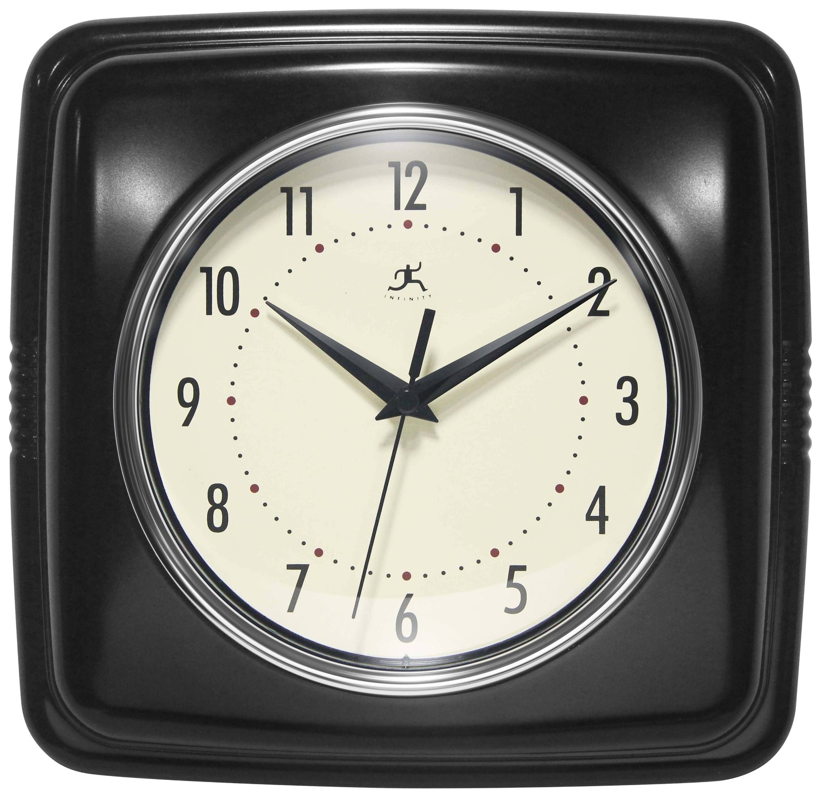 Black-framed wall clock with a white face and black hands.