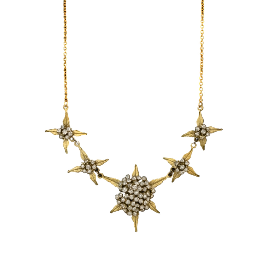 Gold necklace with star-shaped pendants on a white background