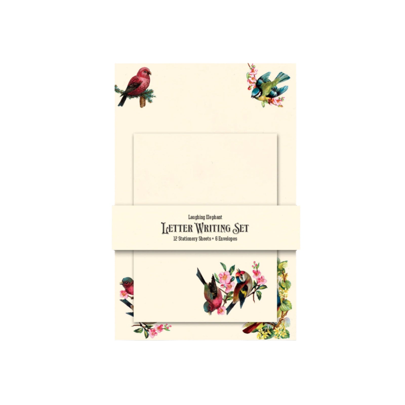 Letter writing set with bird illustrations on a light gray background