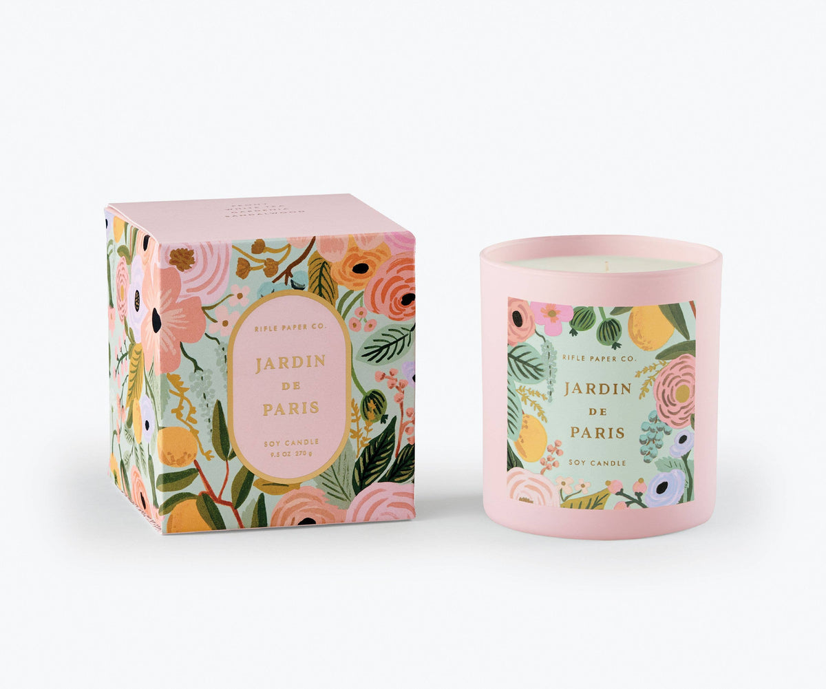 Pink Floral candle and packaging with &#39;Jardin de Paris&#39; branding on a white background