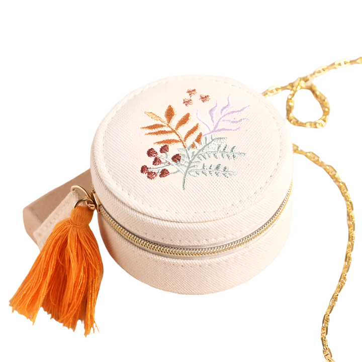 Embroidered Leaves Mini Round Linen Travel Jewellery Case