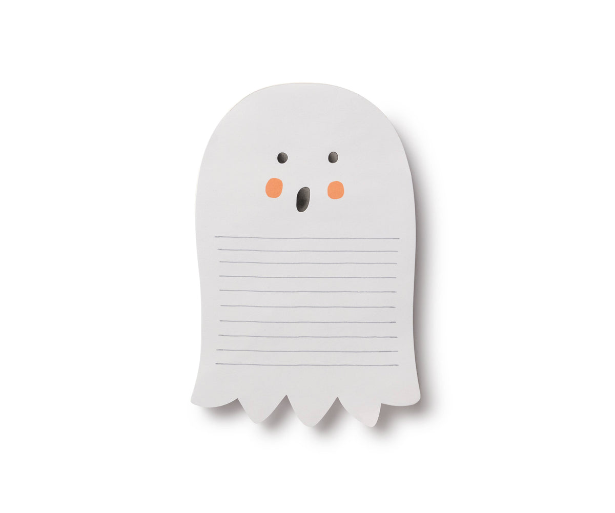 Ghost-shaped notepad with a surprised expression on a white background
