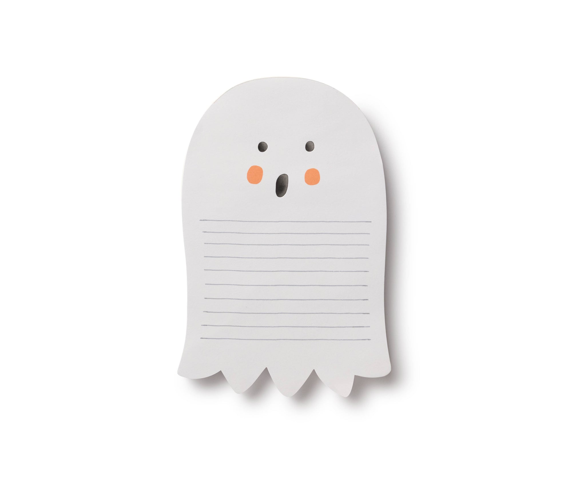 Ghost-shaped notepad with a surprised expression on a white background