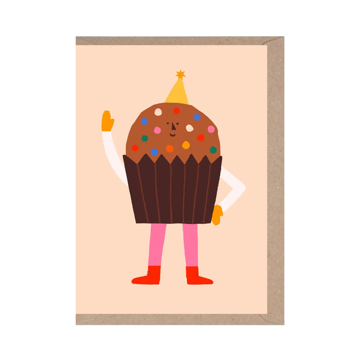 Illustration of a character wearing a cupcake costume on a beige background
