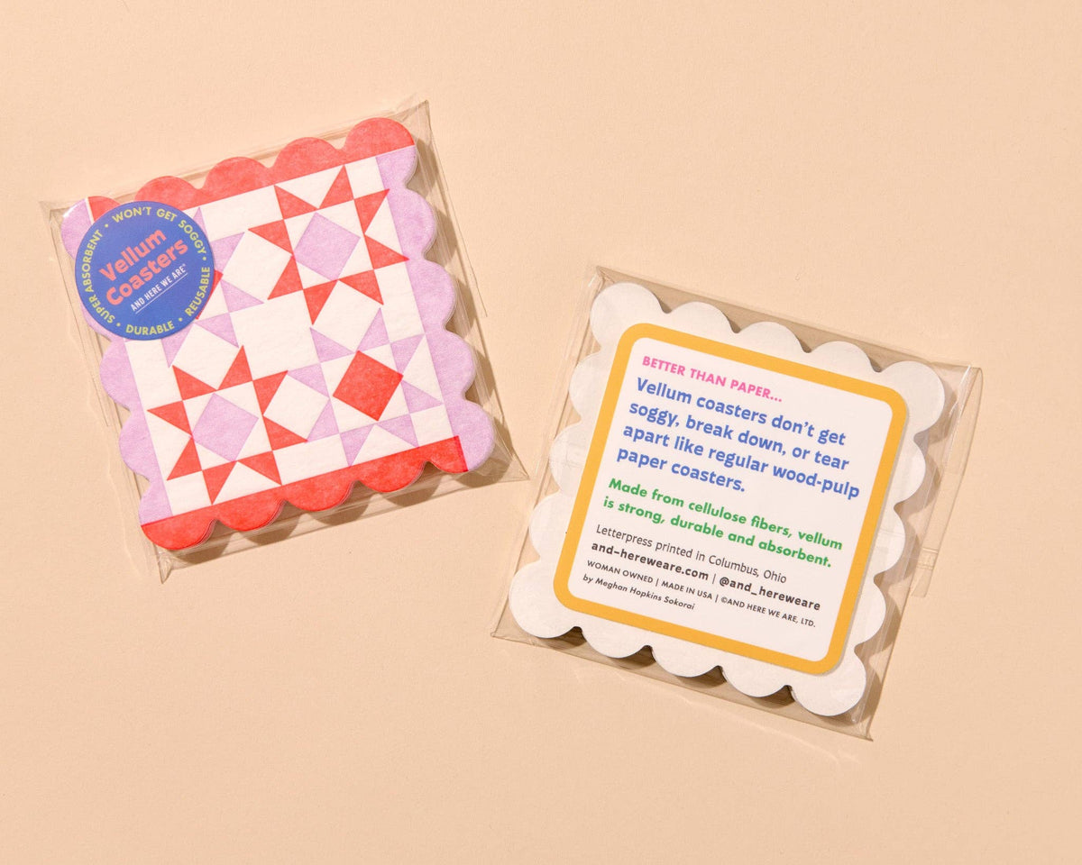 Mod Quilt Scalloped Letterpress Vellum Coasters - Red/Lilac (Set of 4)