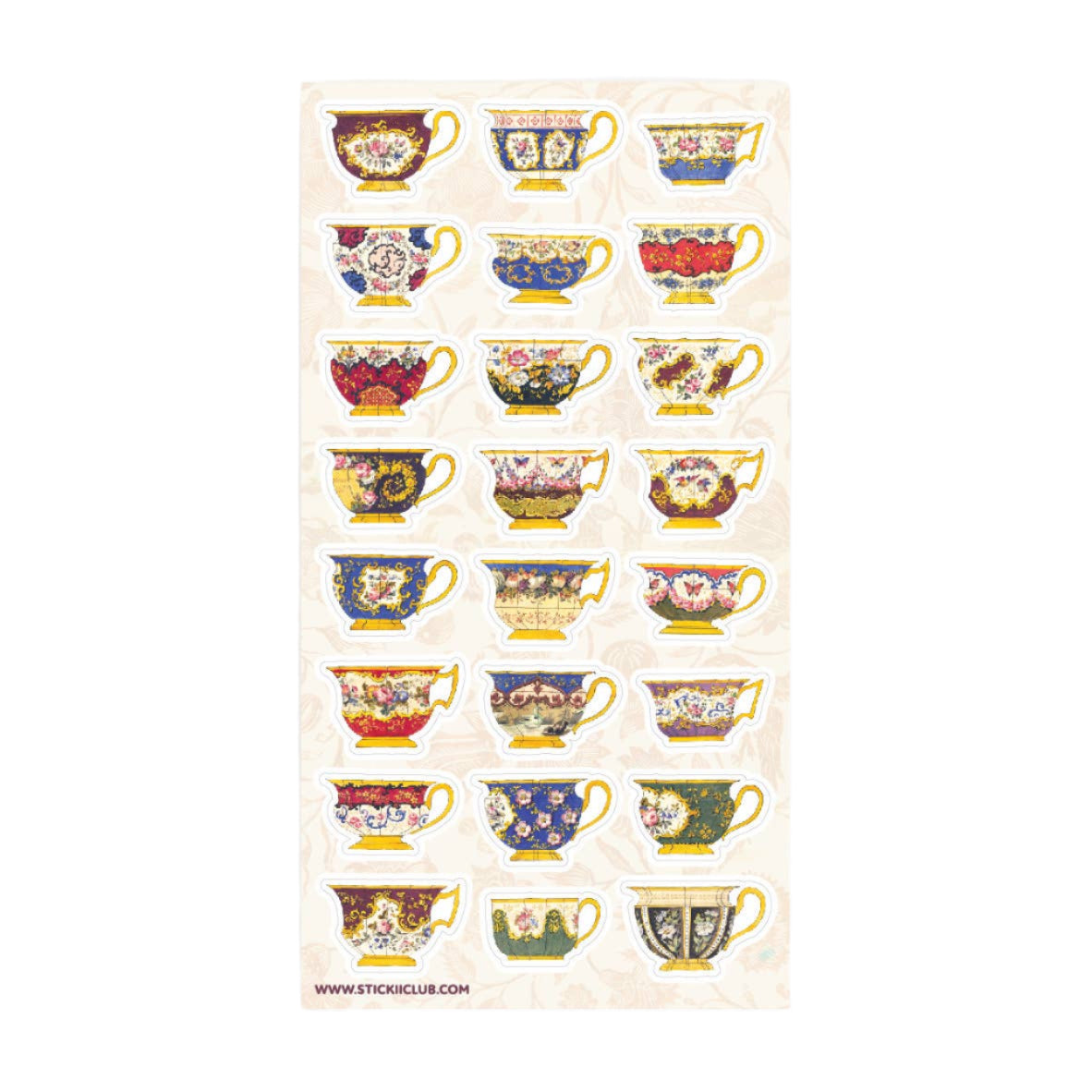 Sheet of decorative teacup stickers with floral patterns on a beige background